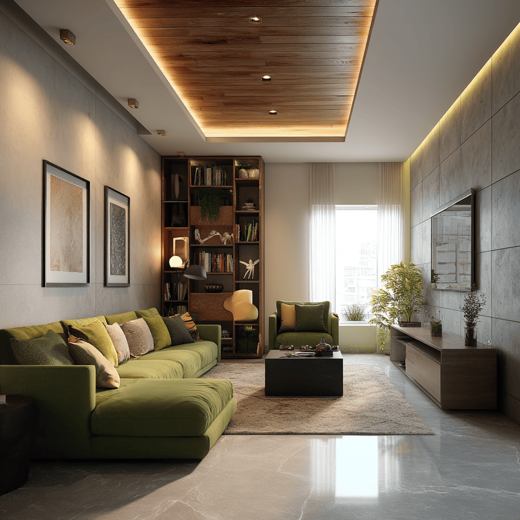 simple pop false ceiling design adding warmth to a modern green-themed living room