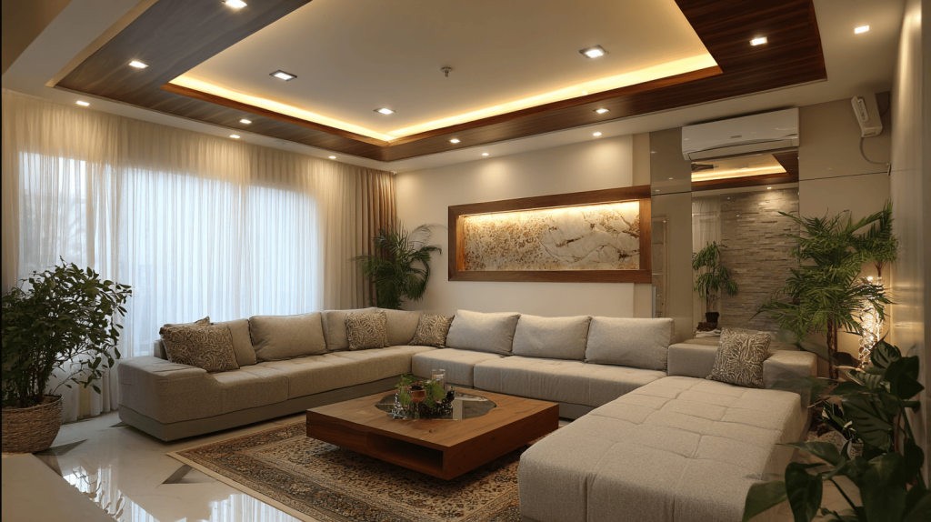 Elegant pop false ceiling design for hall elevating a warm modern living room