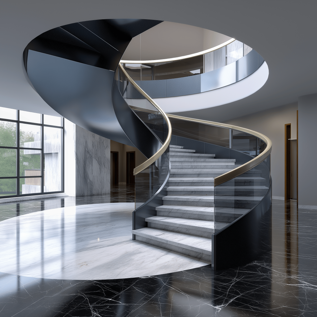 White marble staircase design in a modern space with a sweeping spiral form