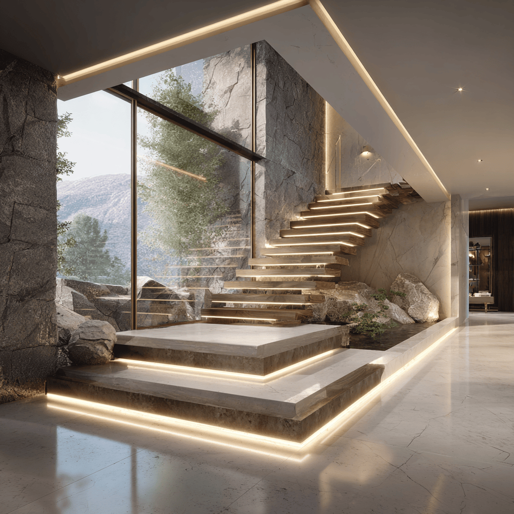 Stunning modern marble stairs design with floating steps and warm LED lighting