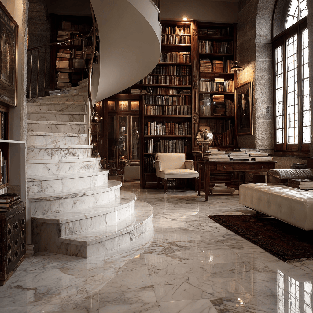Elegant italian marble staircase design in a classic library with vintage wooden shelves