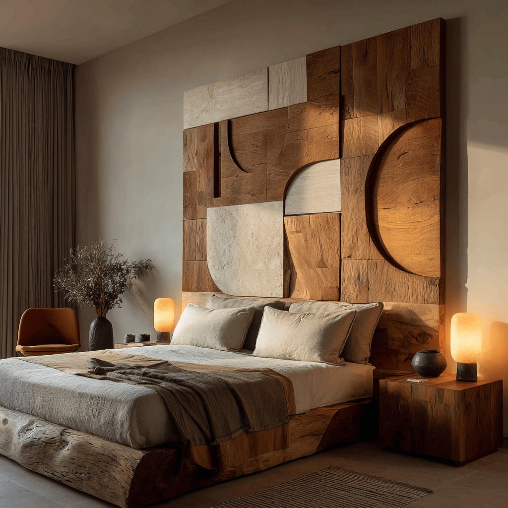 Elegant wood wall design for bedroom featuring artistic 3D carved wooden panels