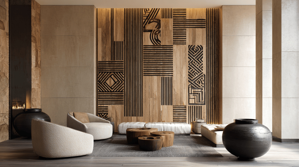 Elegant 3d wood wall design featuring geometric patterns for luxury living interiors