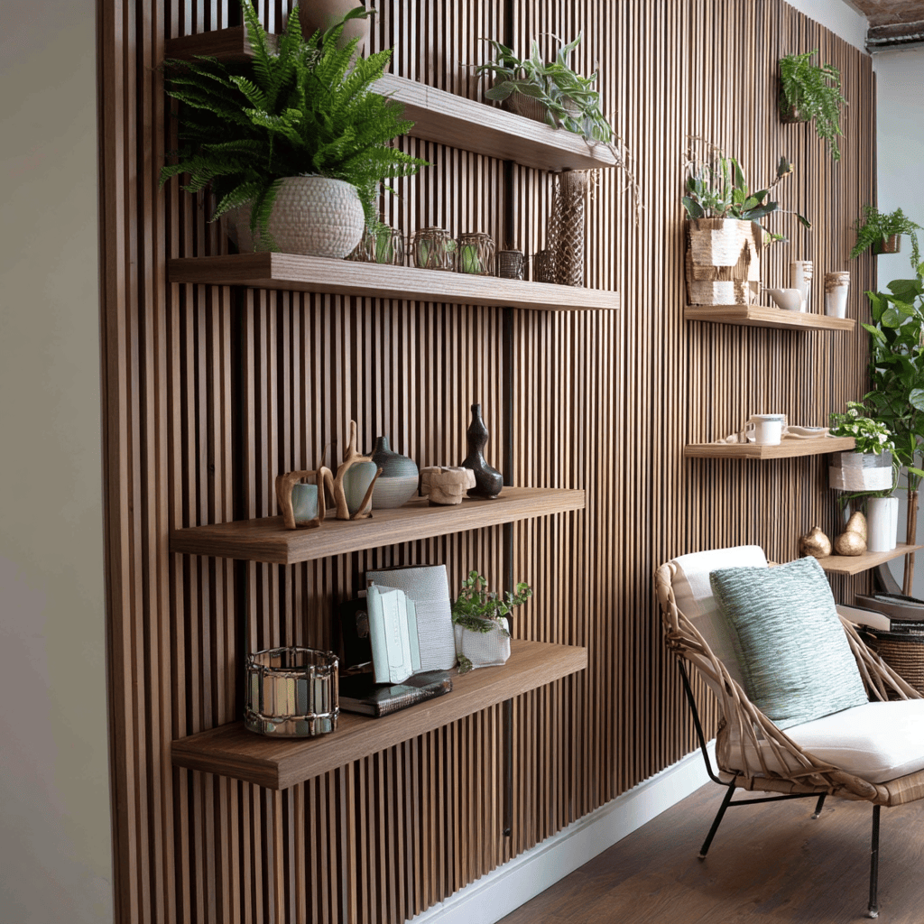 Stylish modern wood wall design with open shelves and natural indoor décor