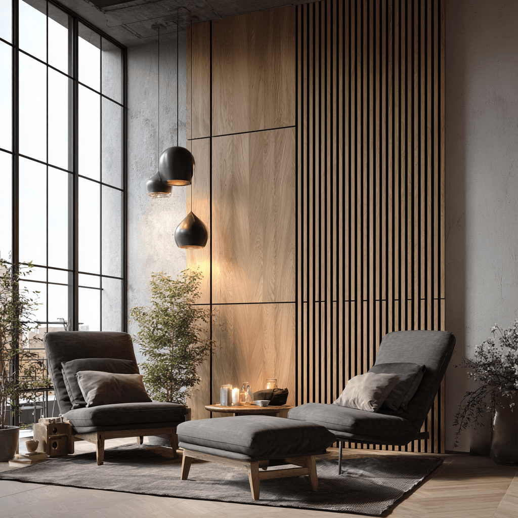 Modern wood wall design featuring natural panels and lighting
