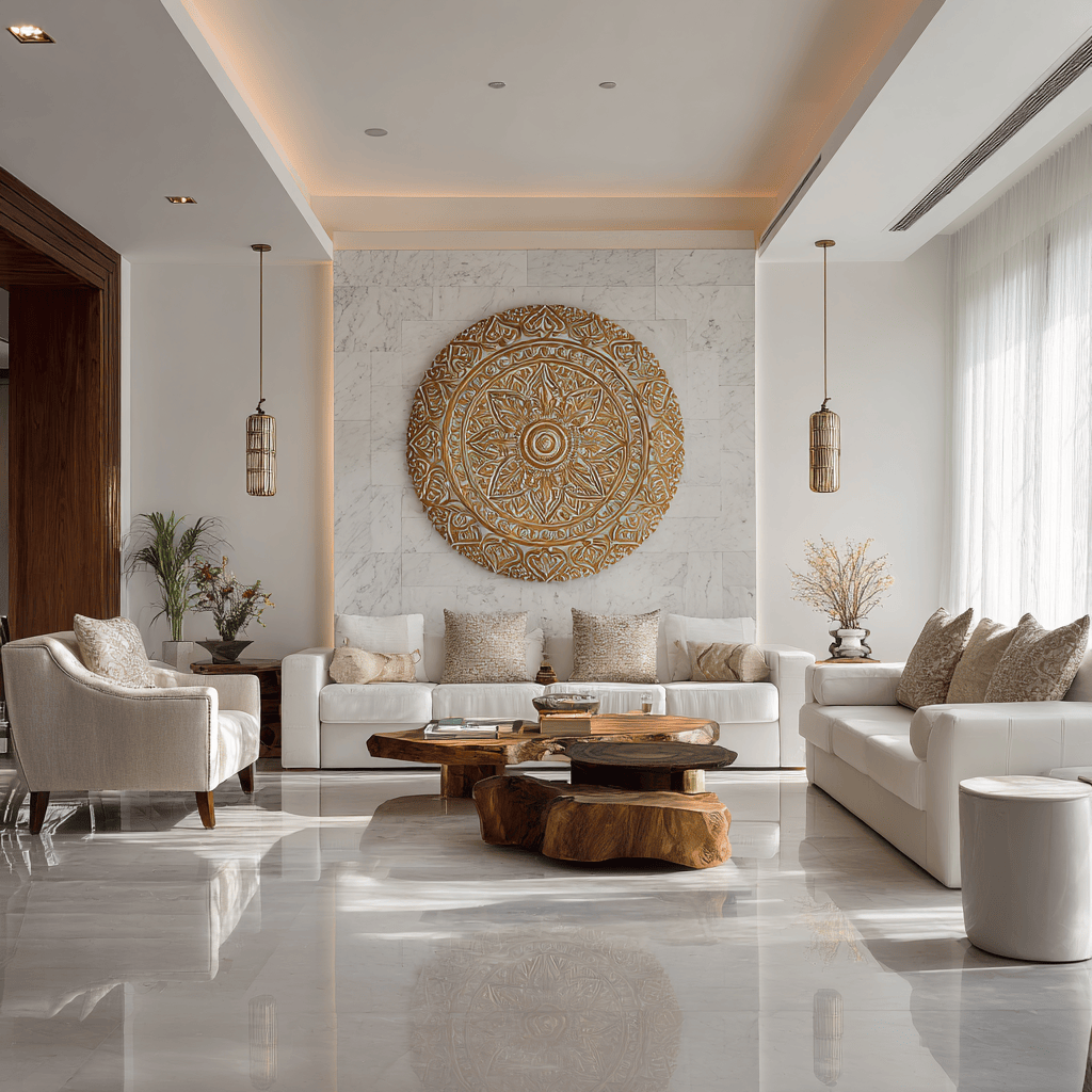 Luxurious best tiles design for hall with elegant marble texture and golden decor