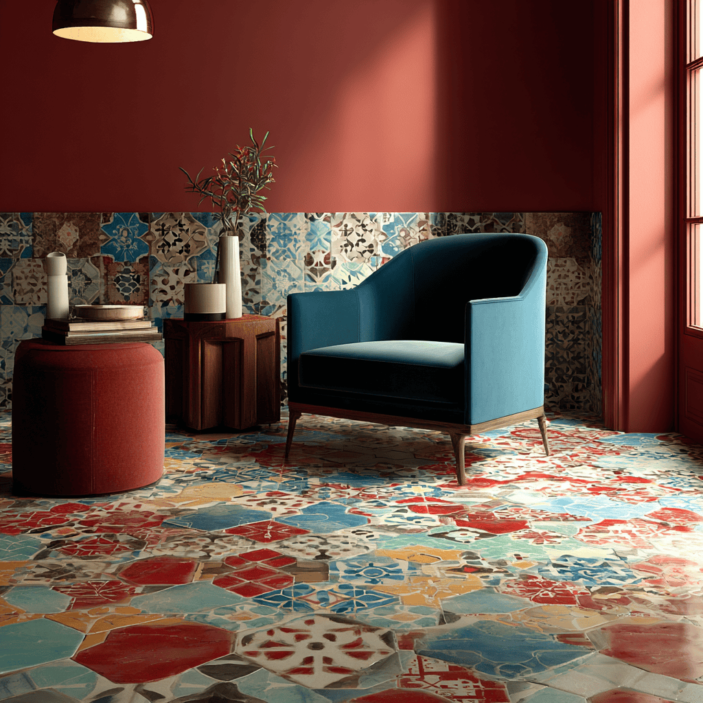 Artistic tiles design for hall featuring vibrant mosaic patterns and elegant style
