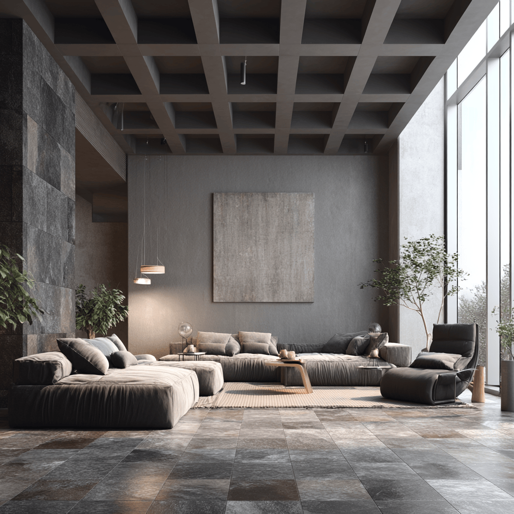 Sophisticated modern tiles design for hall with sleek gray tones and cozy seating