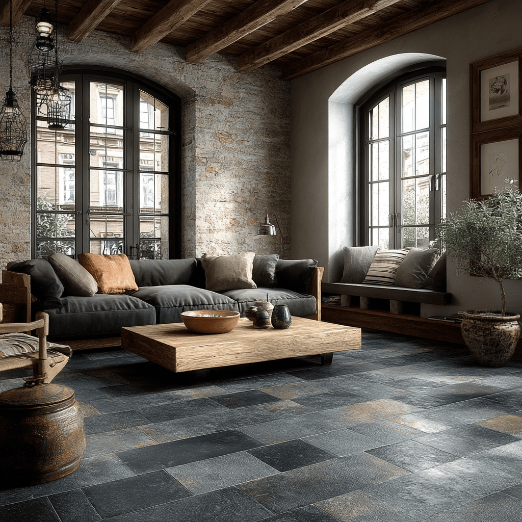 Rustic black tiles design for hall creating a bold and elegant modern living space