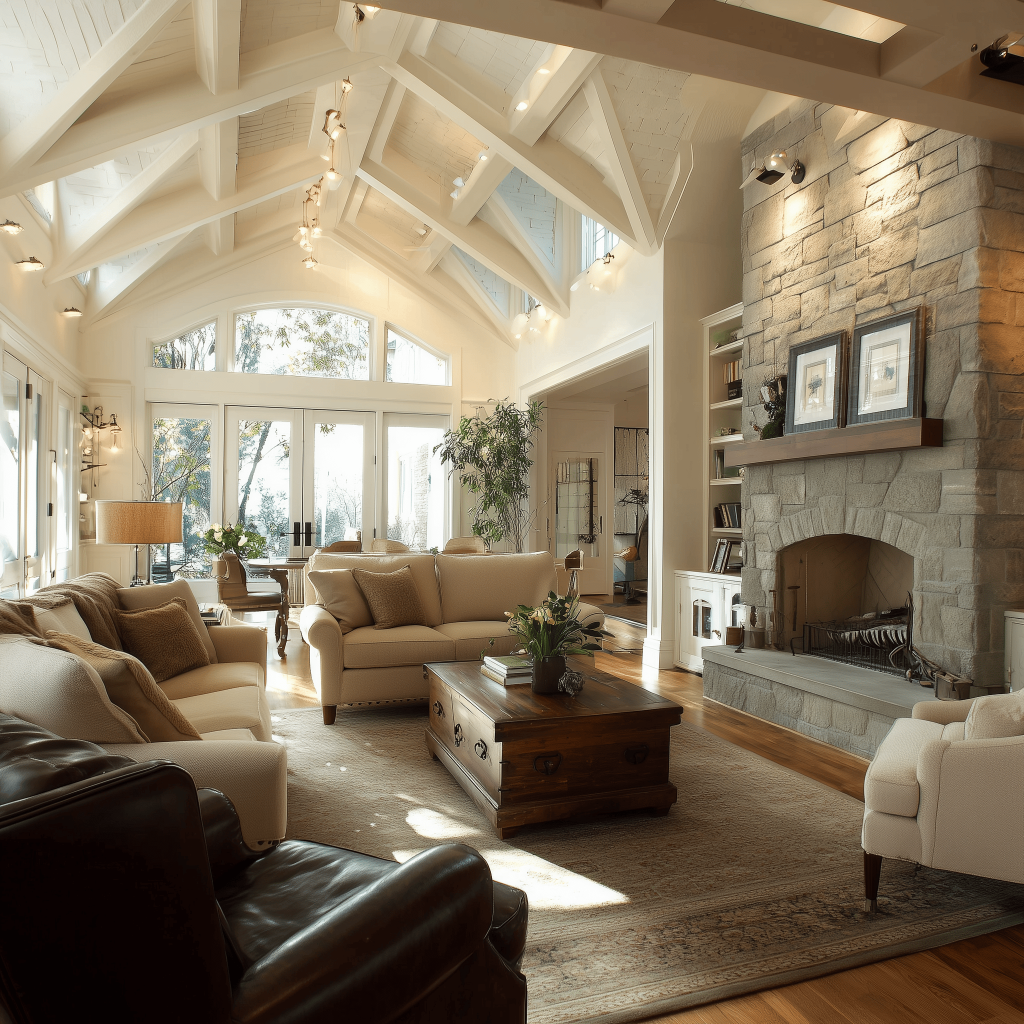 Spacious big living room ceiling design with exposed beams and warm lighting