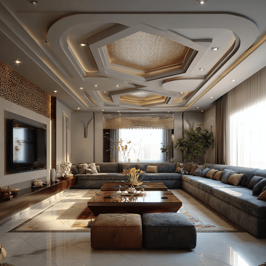 Stunning luxury living room ceiling design with layered lighting and grand details