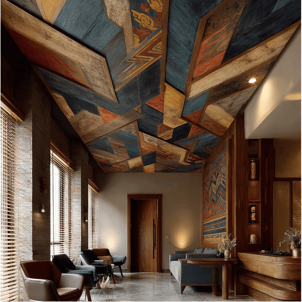 Artistic latest living room ceiling design with colorful wooden geometric panels