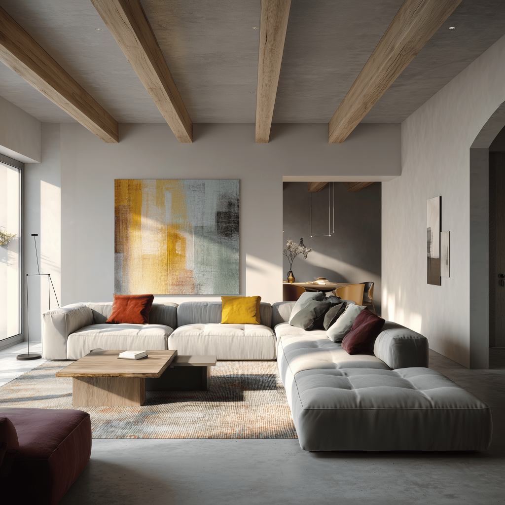 Stylish modern living room ceiling design with wooden beams and cozy ambiance