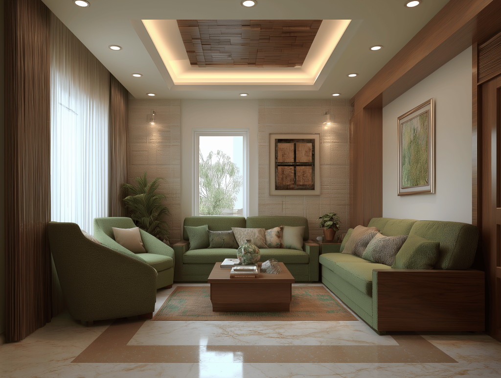 Elegant modern living room ceiling design with wooden panels and soft lighting