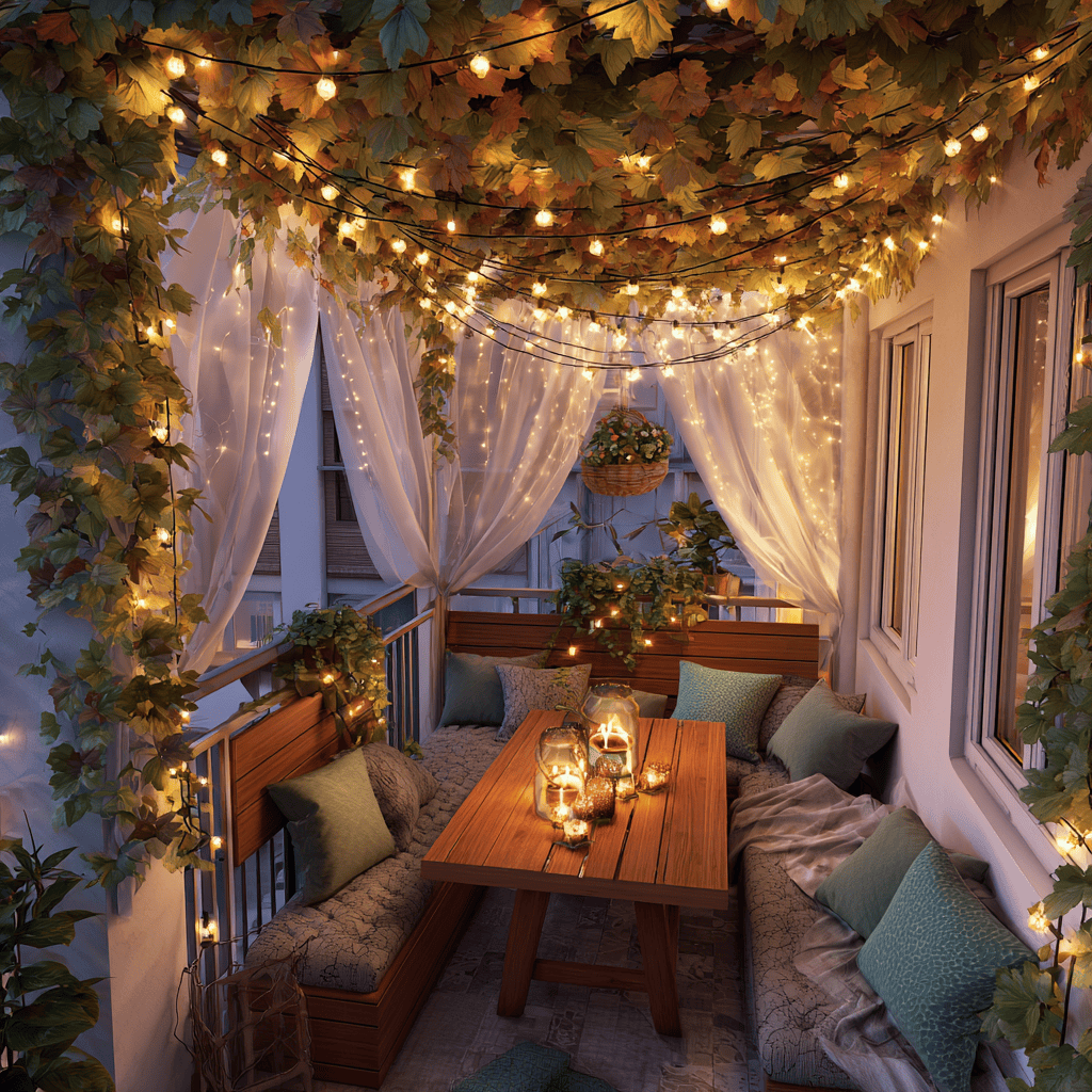 Charming closed balcony decoration ideas with string lights and cozy seating area