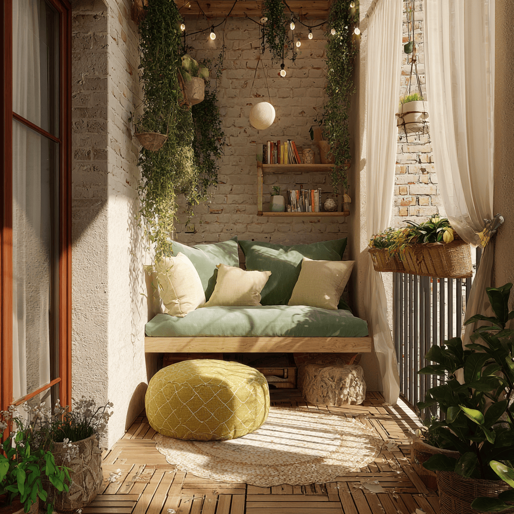 Charming balcony decoration ideas at home with cozy seating and hanging plants