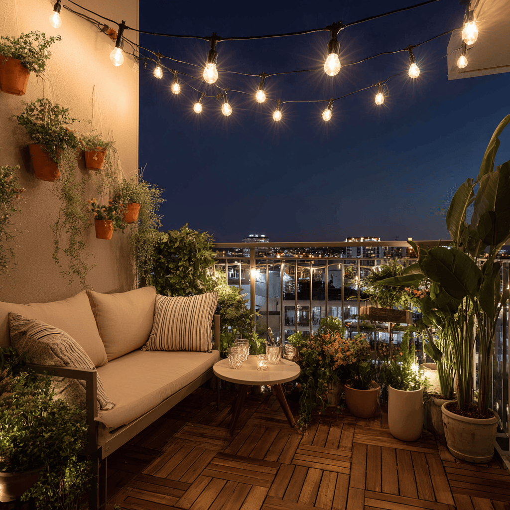 Charming balcony decoration design with warm lights, plants, and cozy night seating