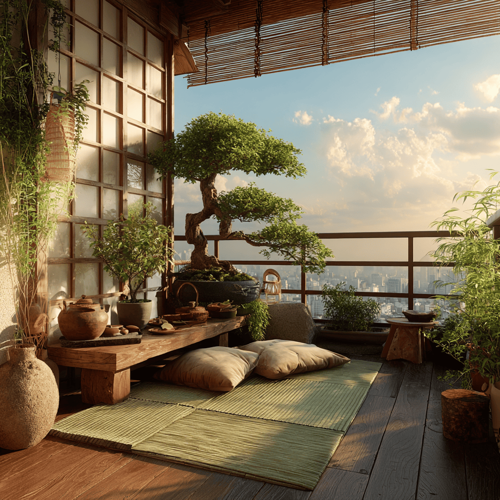 Tranquil best balcony decoration ideas with bonsai plants and wooden seating setup