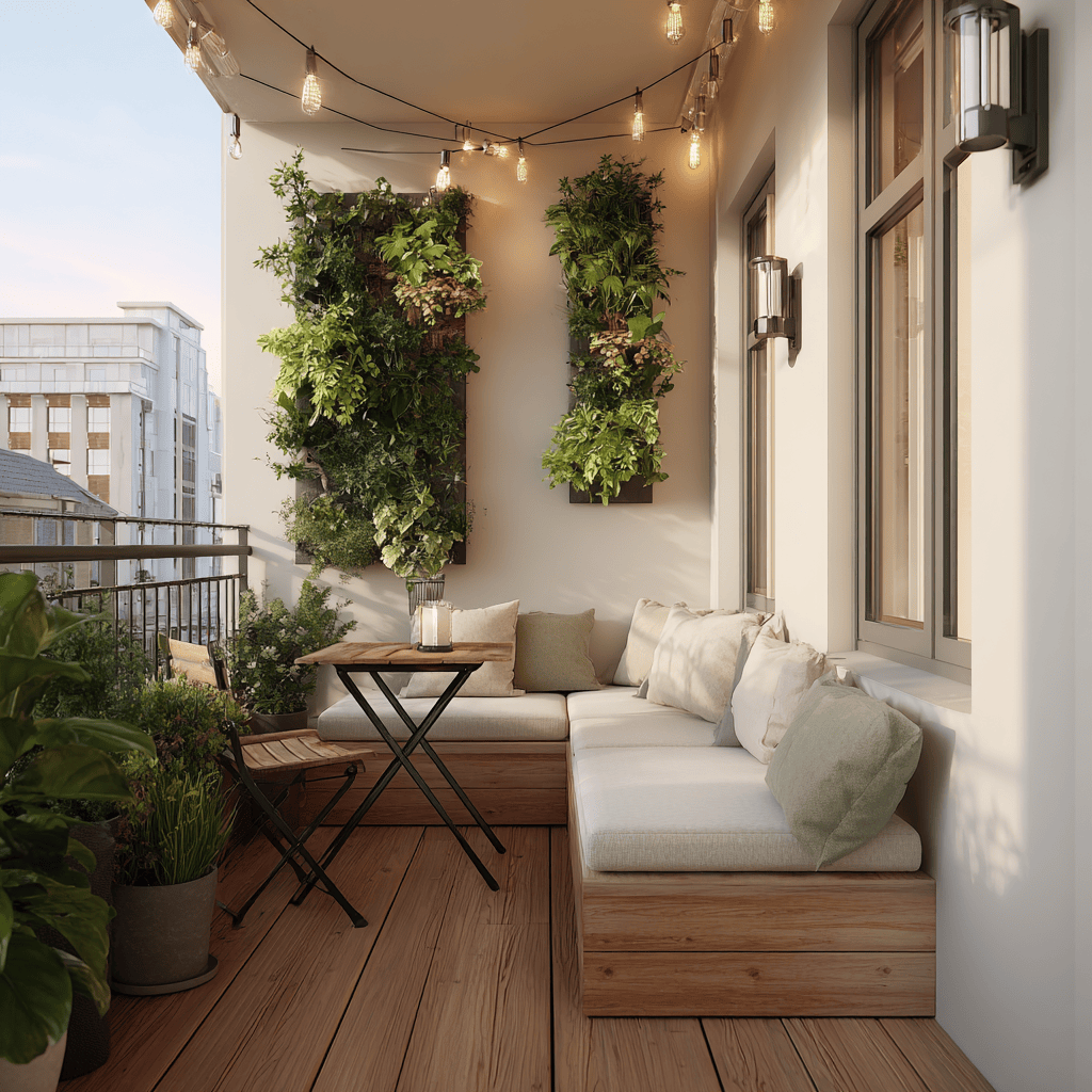 Stylish outdoor balcony decoration ideas with plants, lights, and cozy seating