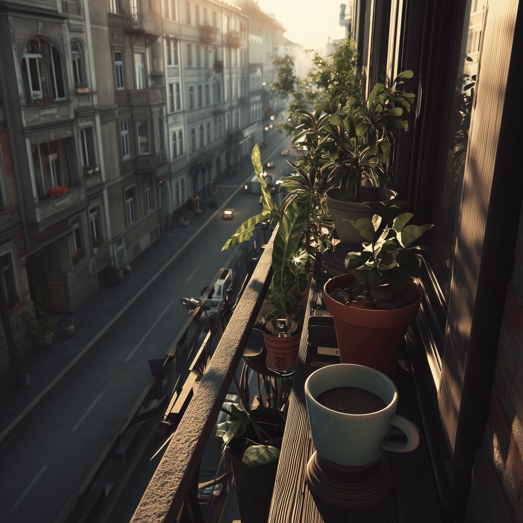 Relaxing window balcony decoration ideas with plants and coffee overlooking city view