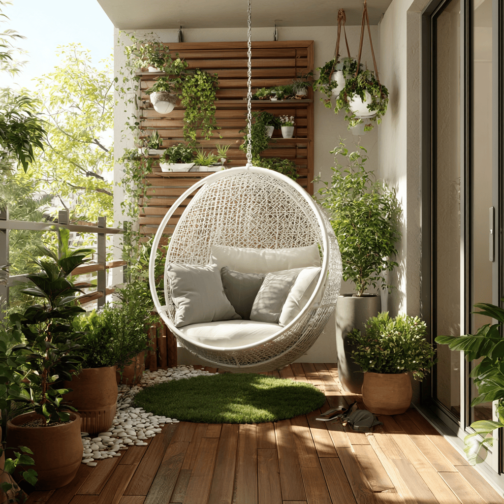 Refreshing balcony decoration ideas with hanging chair and lush green plants