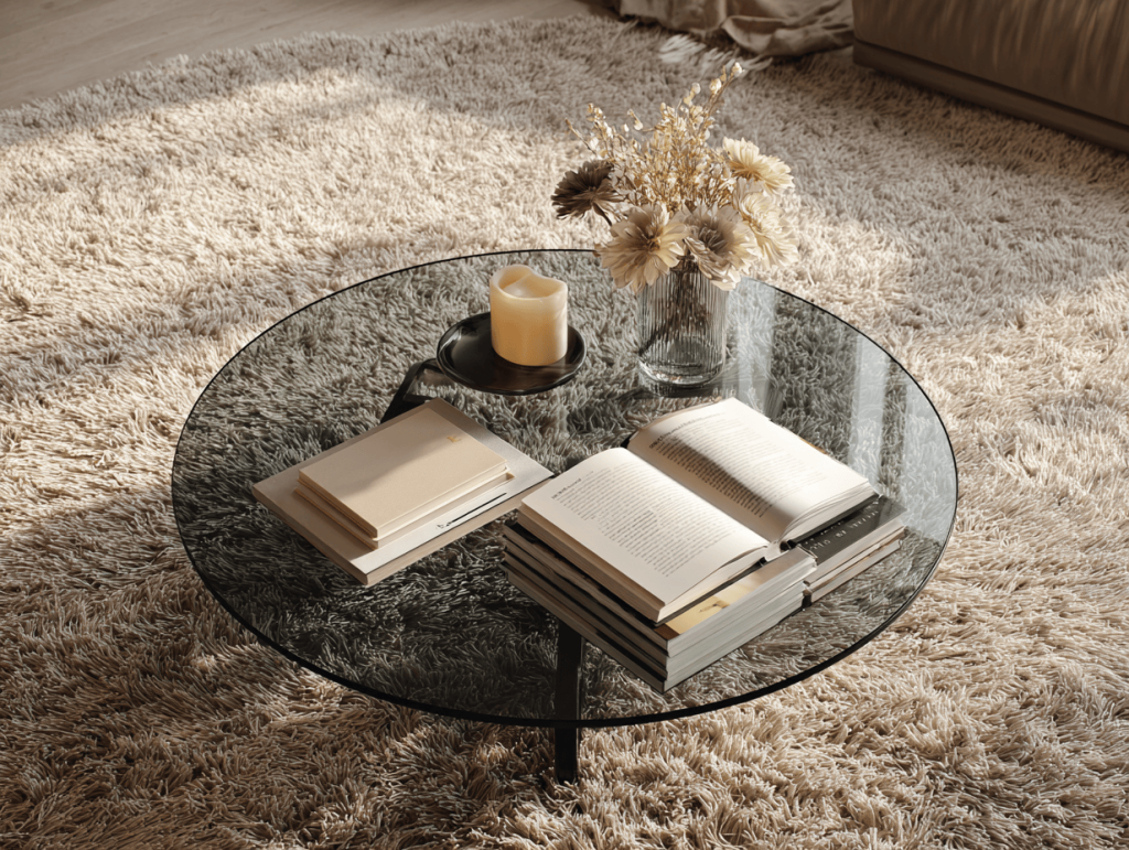 Cozy glass teapoy design styled with books and candle on soft beige rug