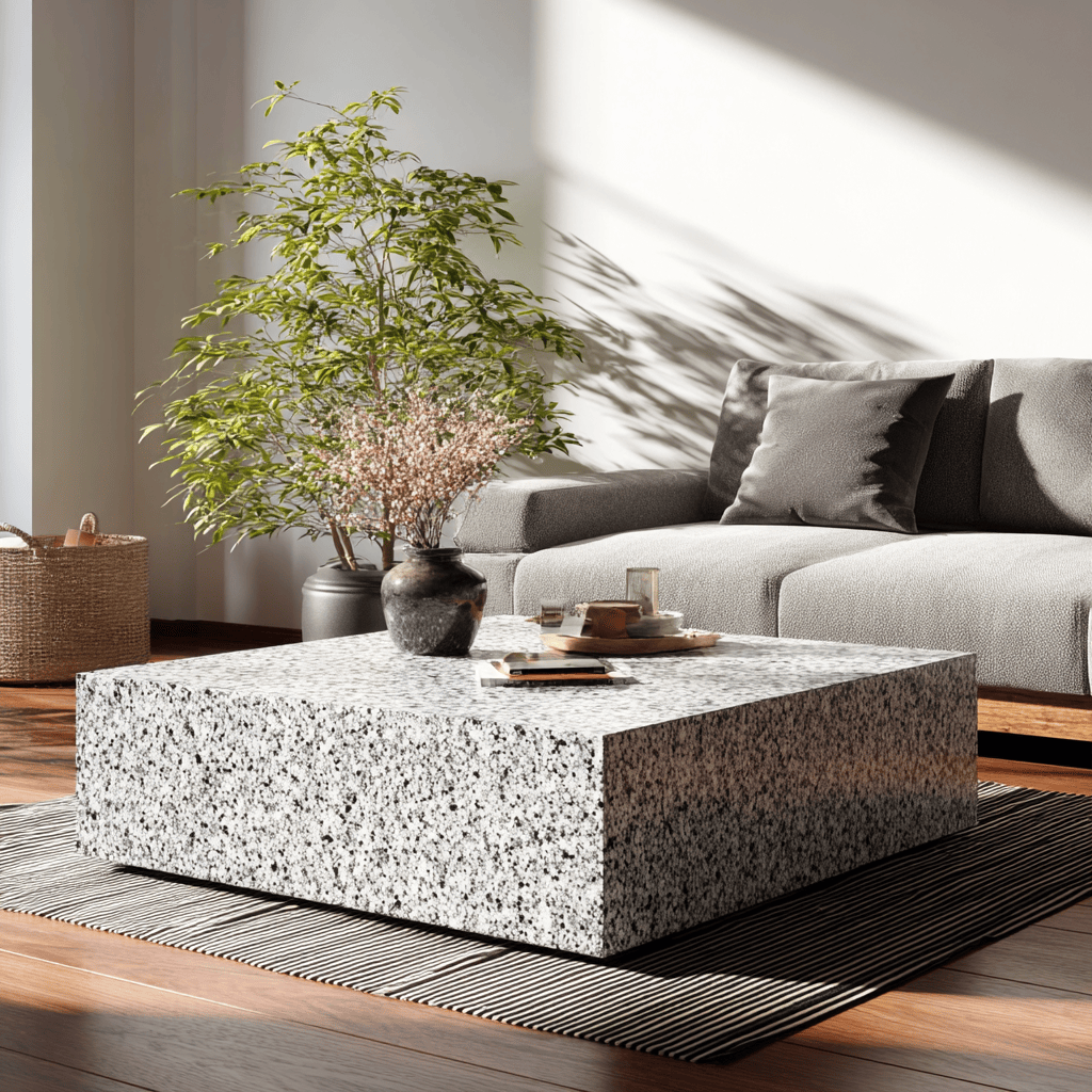 Modern teapoy design with granite texture enhancing a cozy living space