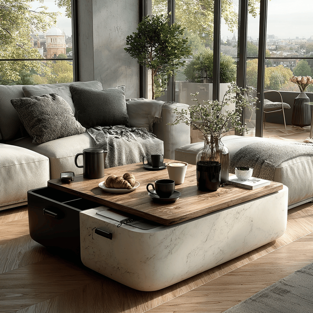 Latest teapoy design combining marble and wood for a luxurious living space