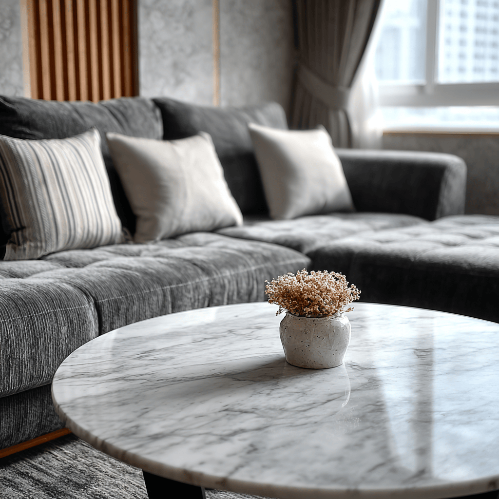 Elegant marble teapoy design enhancing a cozy living room with modern décor