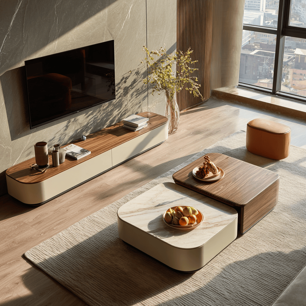 Elegant modern teapoy design enhancing a sunlit minimalist living room setup