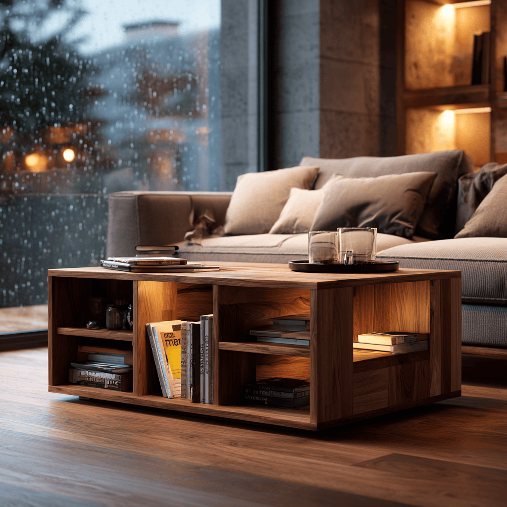 Wooden teapoy designs with books and lights creating a cozy living room vibe