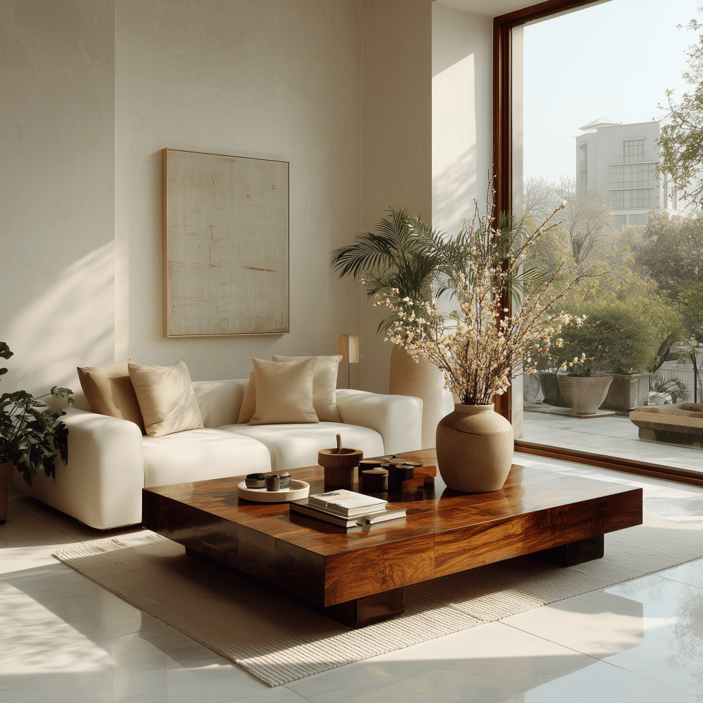 Wooden teapoy designs enhancing a cozy modern living room atmosphere