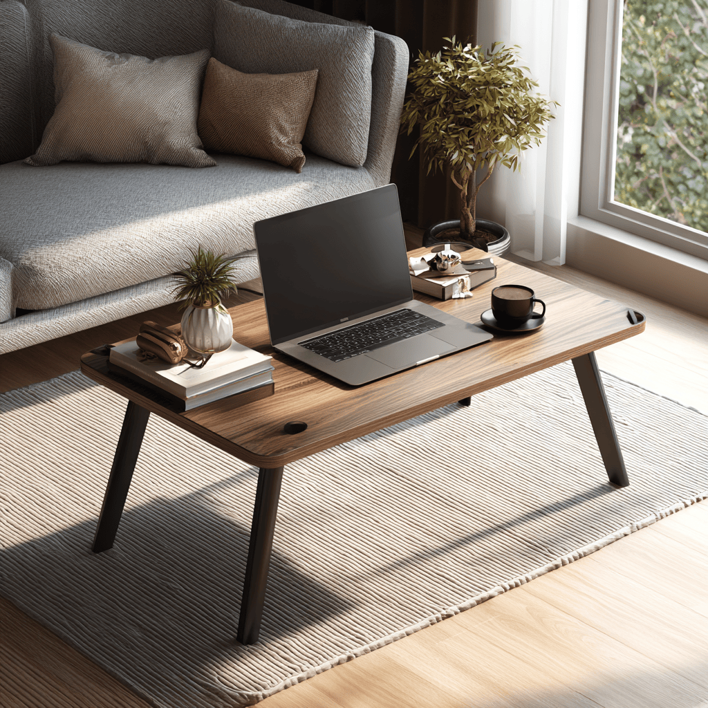 Elegant folding teapoy design used as a workspace in a cozy modern living room