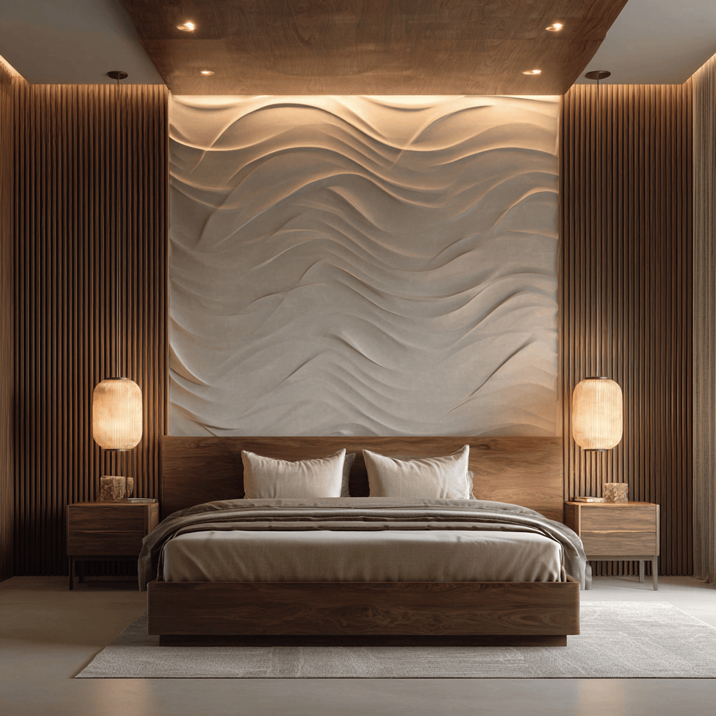 Elegant 3d wall tiles for bedroom creating a warm and stylish modern interior design