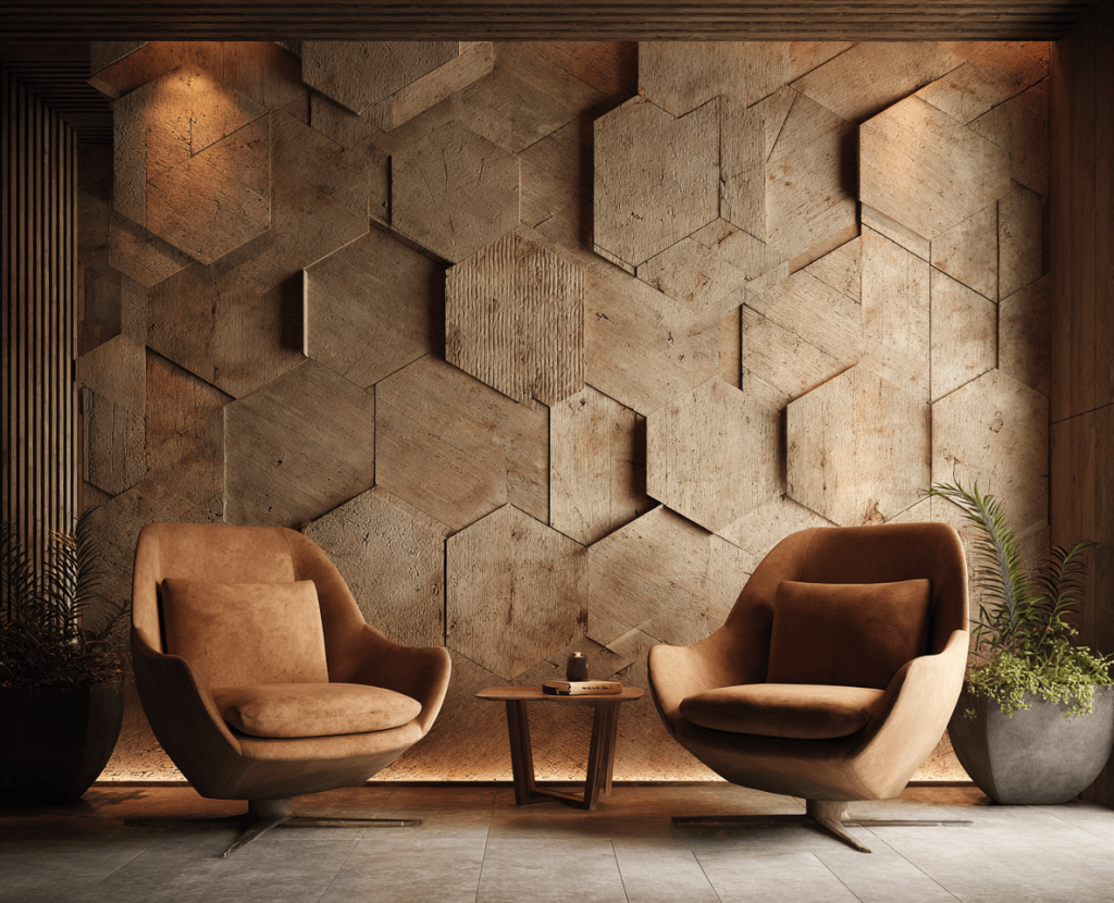 Stylish 3d wall tiles for living room adding warmth with elegant wooden texture design