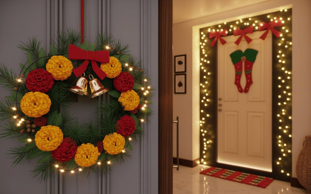 Vibrant christmas outdoor decorations ideas with marigold wreath and warm lights