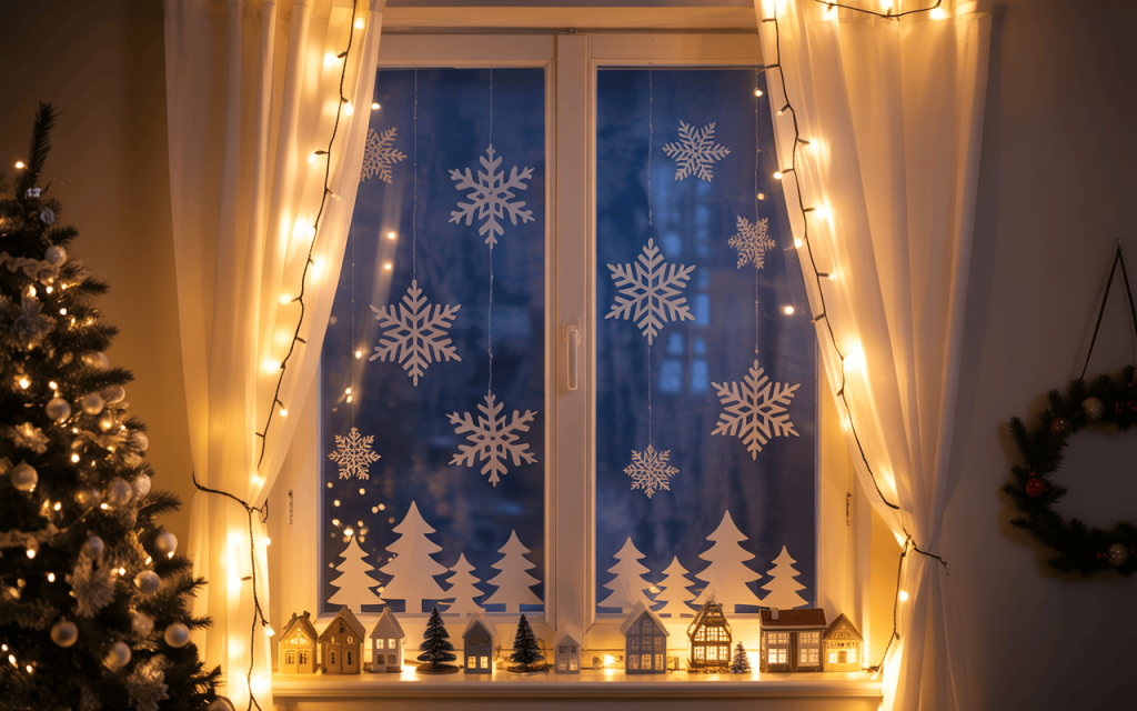 Beautiful christmas window decoration ideas with lights and paper snowflakes
