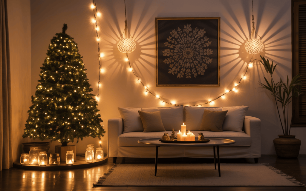 Cozy modern home christmas decoration with glowing lights and candles in living room