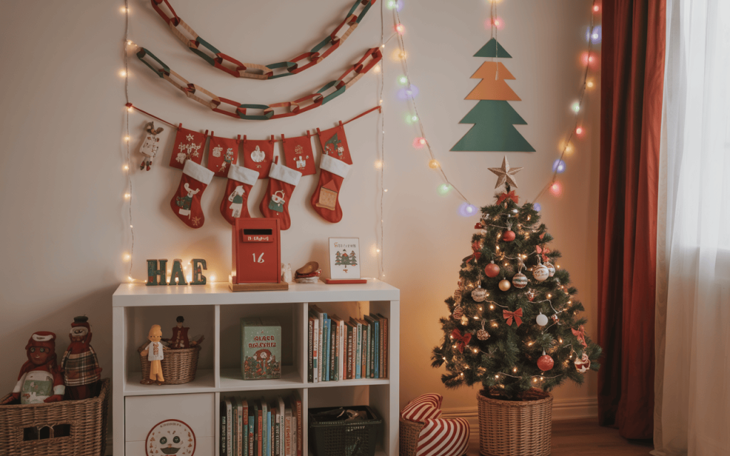 Festive diy christmas home decor with stockings, mini tree, and colorful lights