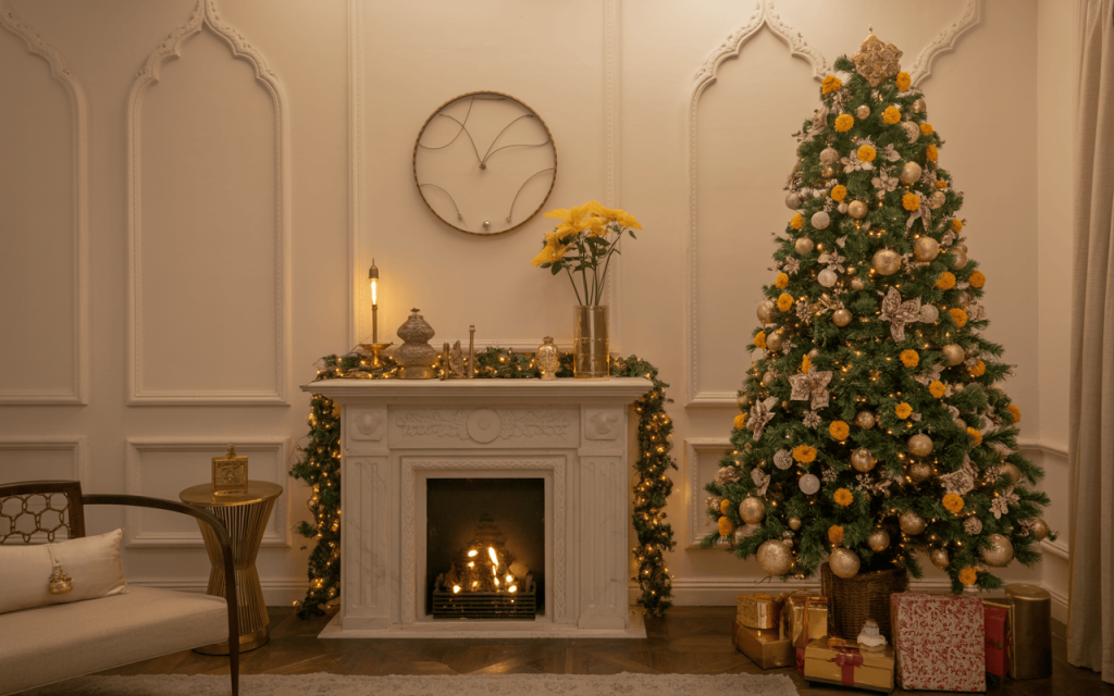 Elegant christmas home decoration with gold ornaments and a glowing fireplace setup