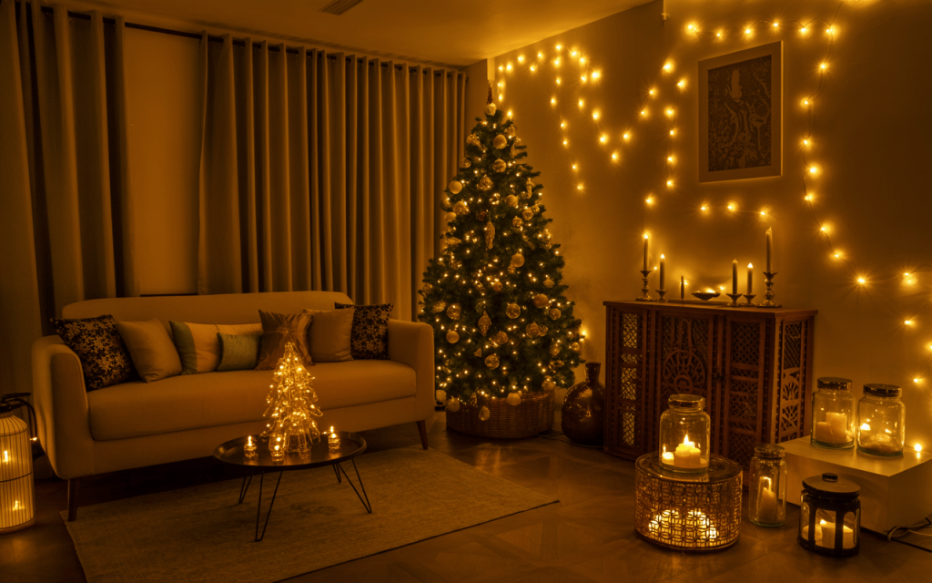 Warm christmas home decoration ideas with glowing lights and cozy festive setup