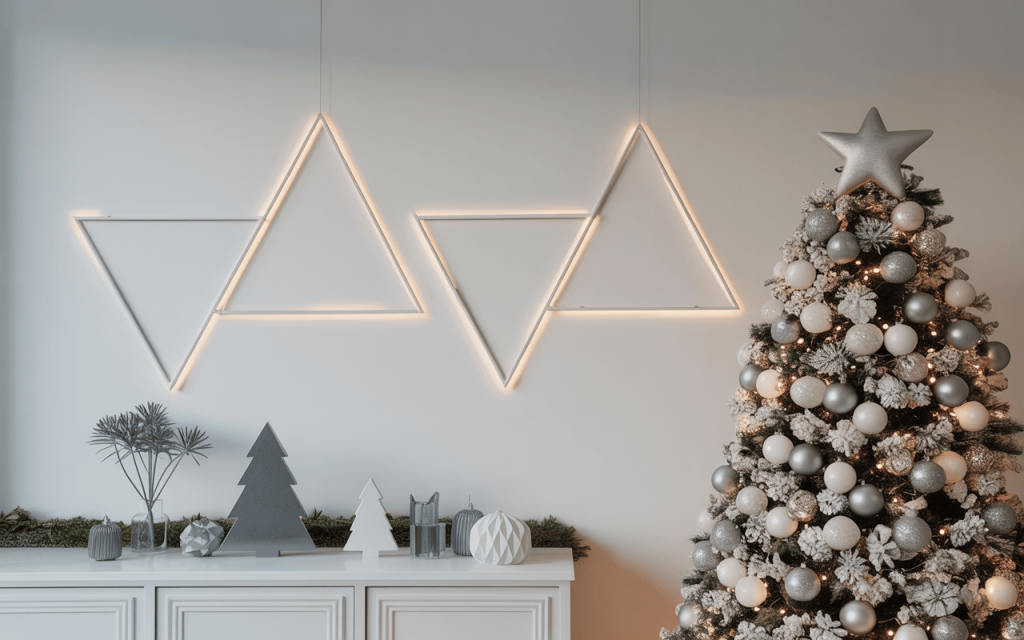 Stylish modern home christmas decoration with silver ornaments and geometric lights