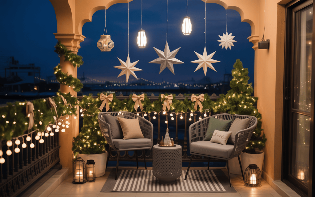 Cozy christmas outdoor decorations ideas with lights, stars, and festive balcony setup