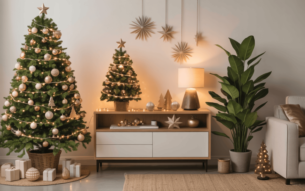 Elegant christmas home decoration ideas with gold ornaments and modern tree setup