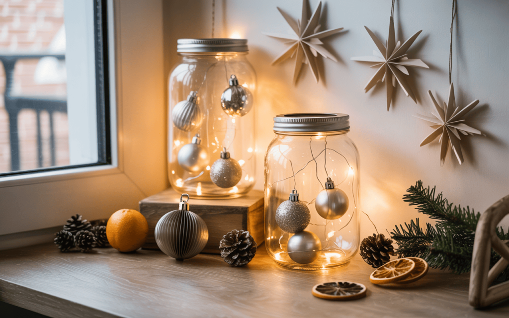 Creative diy christmas home decor with glowing jar lights and silver ornaments