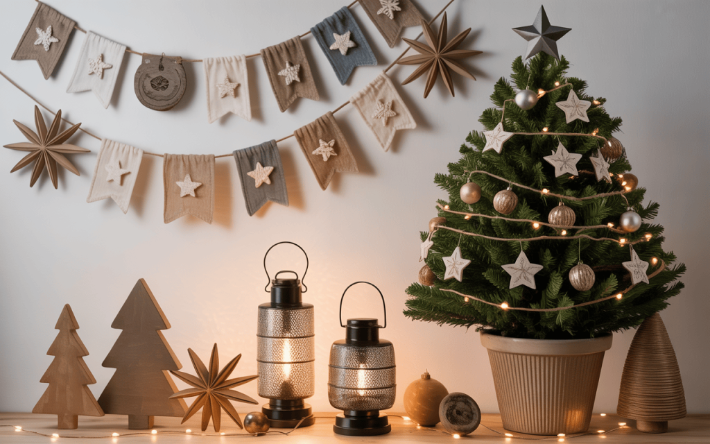 Minimalist diy christmas home decor with neutral tones and handmade star garlands