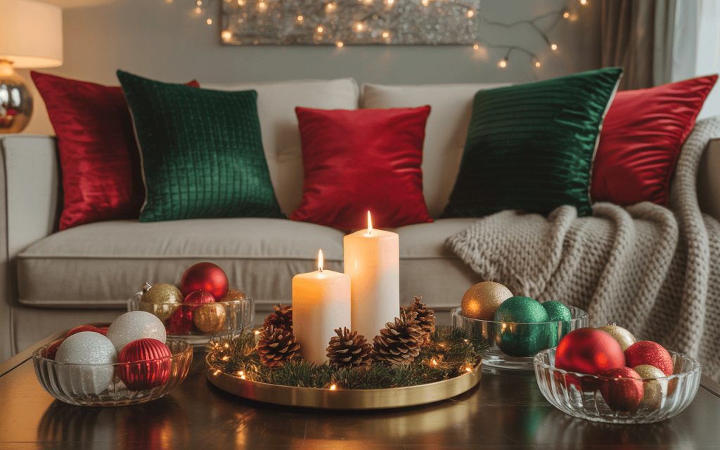 Cozy christmas decorations at home with candles, ornaments, and festive cushions