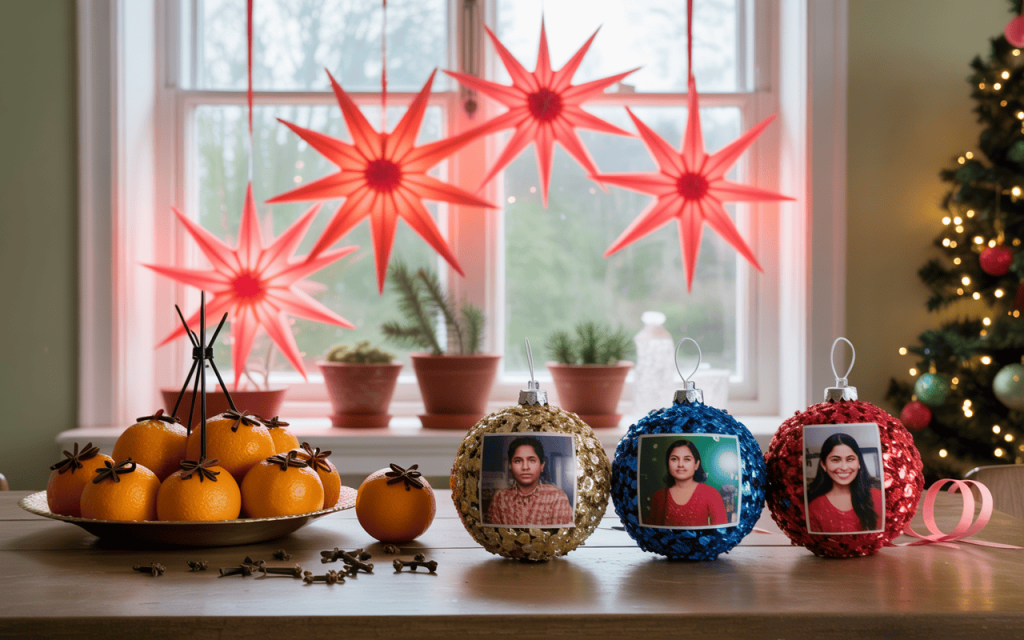 Creative diy Christmas home decor with handmade ornaments and festive star lights