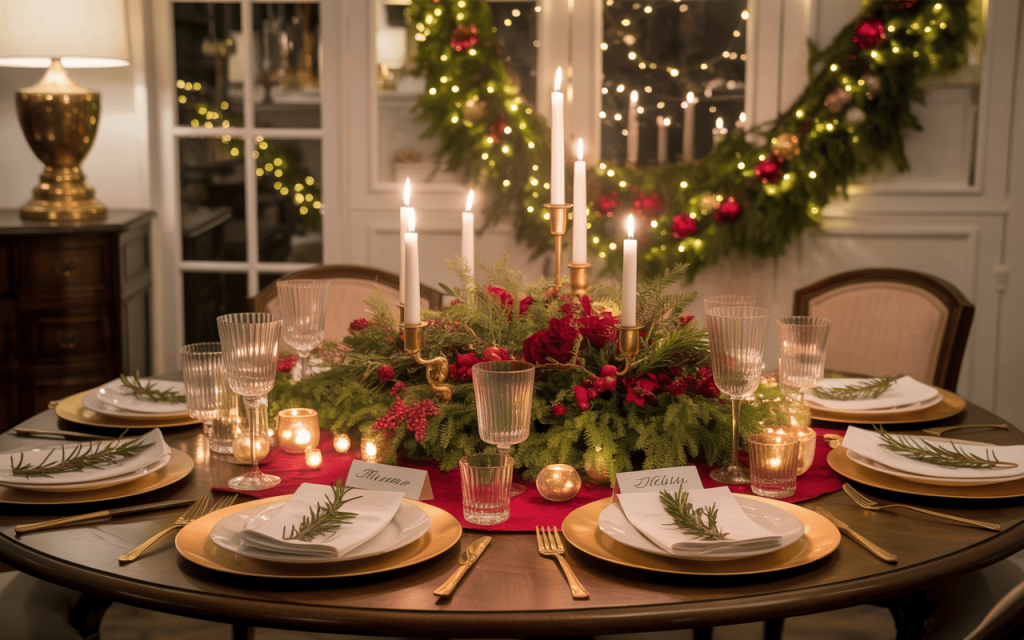 Elegant home decor ideas for Christmas with candles, greenery, and festive dinner setup