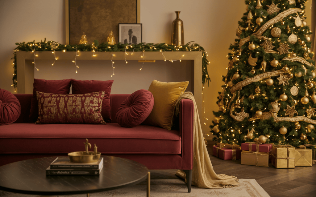 Elegant christmas home decor with gold lights, gifts, and red velvet sofa style